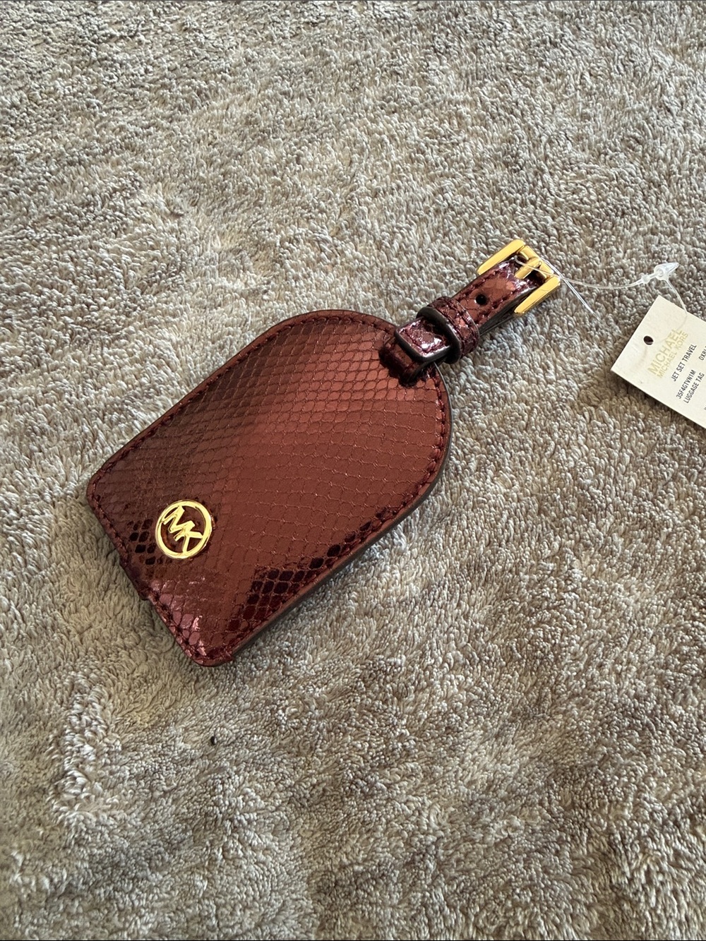 Michael Kors Burgundy Snake-Embossed Luggage Tag with Gold MK Accent